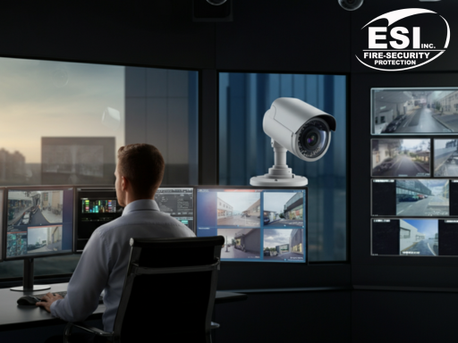 Modern office showcasing proactive video monitoring with advanced security cameras, a professional control room, and an operator monitoring live video feeds.