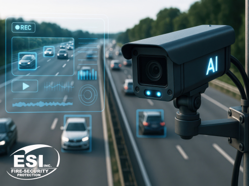 AI Video Analytics Security camera monitoring vehicles on a Texas highway, representing Smart Surveillance and intelligent traffic detection systems by ESI Fire & Security.