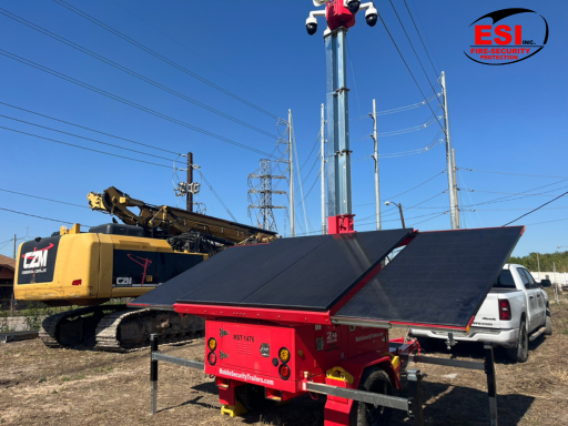 ESI mobile security trailer providing construction site theft prevention at a Texas jobsite