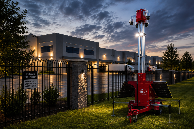 commercial perimeter security with mobile security trailer protecting a business property