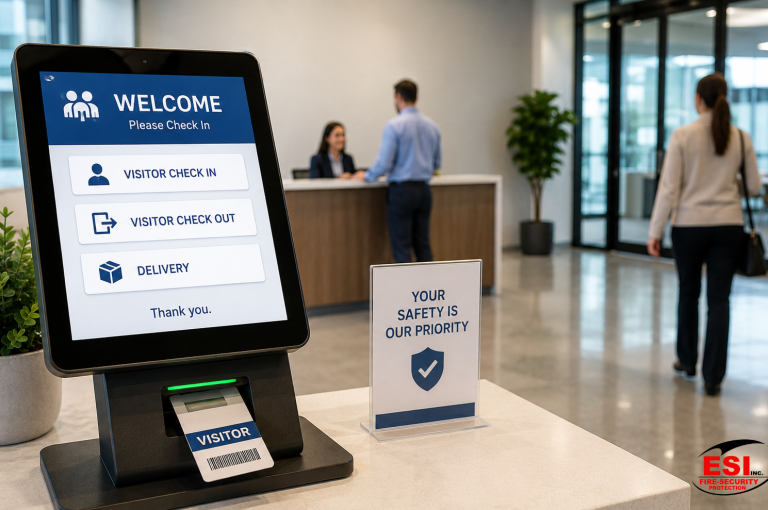 visitor management system kiosk at a commercial office building entrance