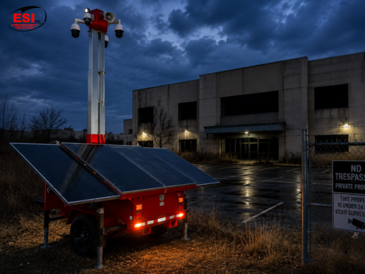vacant property security with mobile security trailer monitoring an empty commercial building